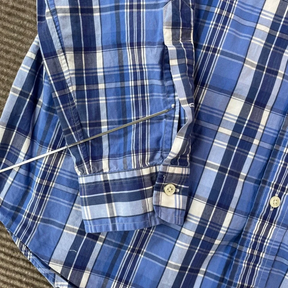 Polo Ralph Lauren Mens Blue White Plaid Classic Fit Cotton Button Down Shirt L